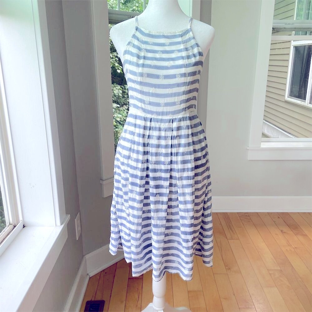 So Blue White Striped Dress with Floral Embroidery Preppy Coastal Size Medium